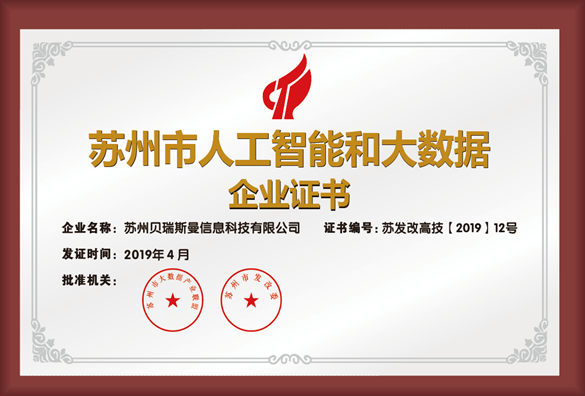 蘇州市人工智能和大數(shù)據(jù)企業(yè)證書